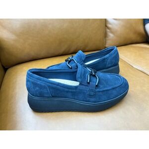 Clarks Zylat Top Loafers Womens 8.5 Wide Navy Blue  Platform Suede Shoe